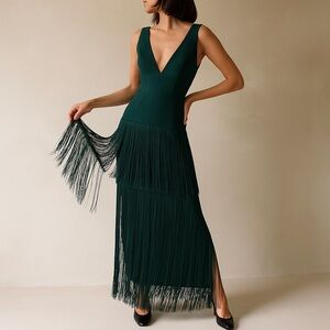 Herve Leger Green Fringe Maxi Dress Size Medium